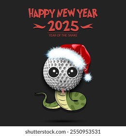 Happy New year. 2025 year of the snake. Cute muzzle snake in the form of a golf ball. Golf ball in the form of a snake. Greeting card design template. Vector illustration