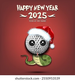 Happy New year. 2025 year of the snake. Cute muzzle snake in the form of a golf ball. Golf ball in the form of a snake. Greeting card design template. Vector illustration