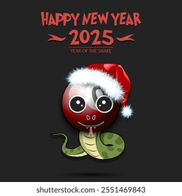 Happy New year. 2025 year of the snake. Cute muzzle snake in the form of a billiard ball. Billiard ball in the form of a snake. Greeting card design template. Vector illustration