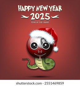 Happy New year. 2025 year of the snake. Cute muzzle snake in the form of a billiard ball. Billiard ball in the form of a snake. Greeting card design template. Vector illustration