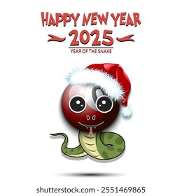 Happy New year. 2025 year of the snake. Cute muzzle snake in the form of a billiard ball. Billiard ball in the form of a snake. Greeting card design template. Vector illustration