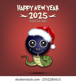 Feliz año Nuevo. 2025 año de la serpiente. Linda serpiente de hocico en forma de pelota de fútbol. Balón de fútbol en forma de serpiente. Plantilla de diseño de tarjeta de felicitación. Ilustración vectorial