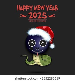 Feliz año Nuevo. 2025 año de la serpiente. Linda serpiente de hocico en forma de pelota de fútbol. Balón de fútbol en forma de serpiente. Plantilla de diseño de tarjeta de felicitación. Ilustración vectorial