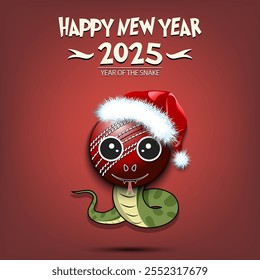 Happy New year. 2025 year of the snake. Cute muzzle snake in the form of a cricket ball. Cricket ball in the form of a snake. Greeting card design template. Vector illustration