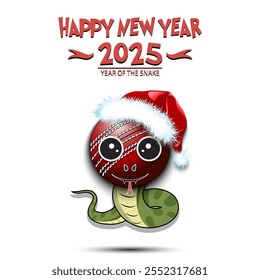 Happy New year. 2025 year of the snake. Cute muzzle snake in the form of a cricket ball. Cricket ball in the form of a snake. Greeting card design template. Vector illustration