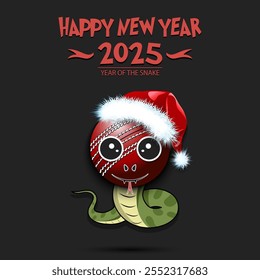 Happy New year. 2025 year of the snake. Cute muzzle snake in the form of a cricket ball. Cricket ball in the form of a snake. Greeting card design template. Vector illustration