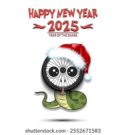 Happy New year. 2025 year of the snake. Cute muzzle snake in the form of a bike wheel. Bike wheell in the form of a snake. Greeting card design template. Vector illustration