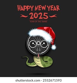 Happy New year. 2025 year of the snake. Cute muzzle snake in the form of a bike wheel. Bike wheell in the form of a snake. Greeting card design template. Vector illustration