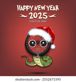 Happy New year. 2025 year of the snake. Cute muzzle snake in the form of a bike wheel. Bike wheell in the form of a snake. Greeting card design template. Vector illustration