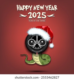 Happy New year. 2025 year of the snake. Cute muzzle snake in the form of a car wheel. Car wheel in the form of a snake. Greeting card design template. Vector illustration