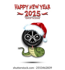 Happy New year. 2025 year of the snake. Cute muzzle snake in the form of a car wheel. Car wheel in the form of a snake. Greeting card design template. Vector illustration