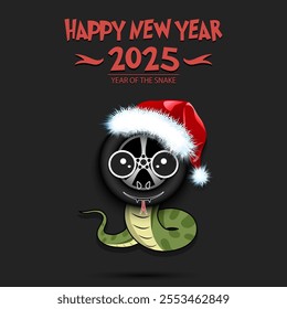 Happy New year. 2025 year of the snake. Cute muzzle snake in the form of a car wheel. Car wheel in the form of a snake. Greeting card design template. Vector illustration