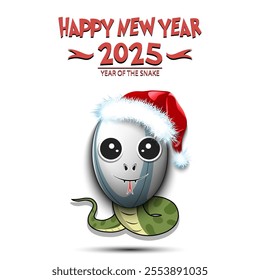 Happy New year. 2025 year of the snake. Cute muzzle snake in the form of a rugby ball. Rugby ball in the form of a snake. Greeting card design template. Vector illustration