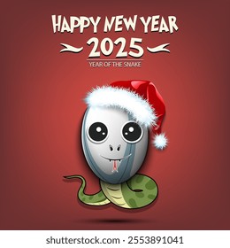 Happy New year. 2025 year of the snake. Cute muzzle snake in the form of a rugby ball. Rugby ball in the form of a snake. Greeting card design template. Vector illustration