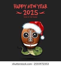 Happy New year. 2025 year of the snake. Cute muzzle snake in the form of a football ball. Football ball in the form of a snake. Greeting card design template. Vector illustration