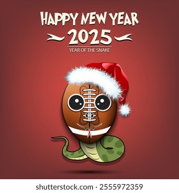 Happy New year. 2025 year of the snake. Cute muzzle snake in the form of a football ball. Football ball in the form of a snake. Greeting card design template. Vector illustration