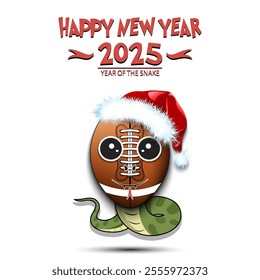 Happy New year. 2025 year of the snake. Cute muzzle snake in the form of a football ball. Football ball in the form of a snake. Greeting card design template. Vector illustration