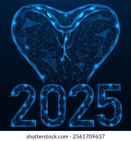 Happy New Year 2025 to the snake. Cobra over the numbers. Polygonal design of lines and dots. Blue background.