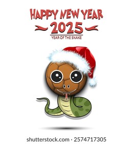 Happy New year. 2025 year of the snake. Cute muzzle snake in the form of a handball ball. Handball ball in the form of a snake. Greeting card design template. Vector illustration