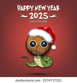 Happy New year. 2025 year of the snake. Cute muzzle snake in the form of a handball ball. Handball ball in the form of a snake. Greeting card design template. Vector illustration