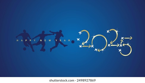 Happy New Year 2025 Soccer competition strategy plan golden arrows blue board background