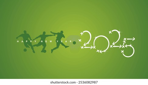 Feliz año Nuevo 2025 Estrategia de la competencia de fútbol Plan flechas blancas fondo verde del tablero