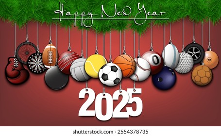 Happy New Year 2025. Soccer, football, basketball, tennis, baseball, volleyball, golf, bowling, billiard, cricket, rugby balls hanging on a Christmas tree branch. Vector illustration