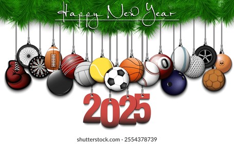 Happy New Year 2025. Soccer, football, basketball, tennis, baseball, volleyball, golf, bowling, billiard, cricket, rugby balls hanging on a Christmas tree branch. Vector illustration