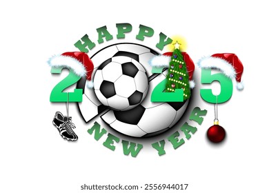 Happy new year. 2025 with soccer ball. Numbers in Christmas hats with football boot and Christmas tree ball. Original template design for greeting card. Vector illustration on isolated background