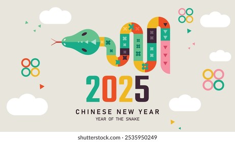 feliz ano novo 2025, postagem de mídia social, Ano novo chinês, ano da cobra, cobra do zodíaco chinês em estilo moderno plano geométrico