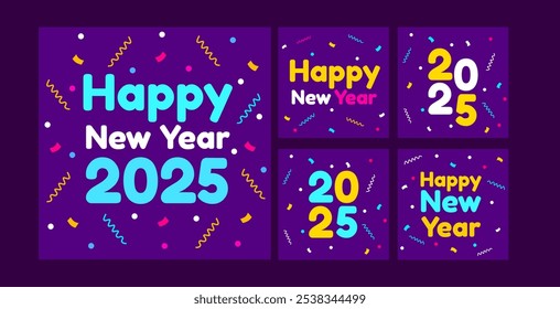 Happy New Year 2025 social media post design in purple for greetings.