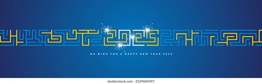 Feliz año Nuevo 2025 fuegos artificiales brillantes ciberespacio abstracto de alta tecnología moderna 2025 tipografía con amarillo blanco azul claro continuo laberinto patrón místico sobre fondo azul