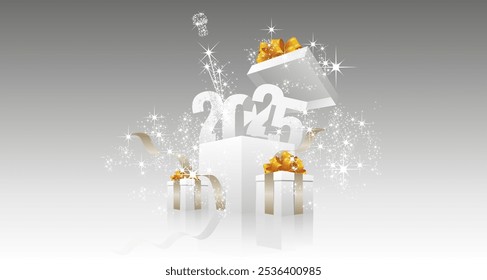 Happy New Year 2025 sparkle firework, gift boxes on silver grey background