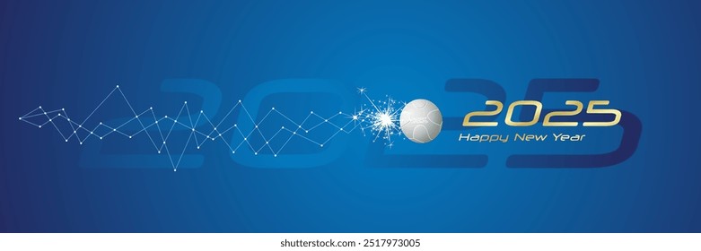 Happy New Year 2025 the new year of the sports games greeting card. Cyberspace network movement of a sports ball line design blue abstract background