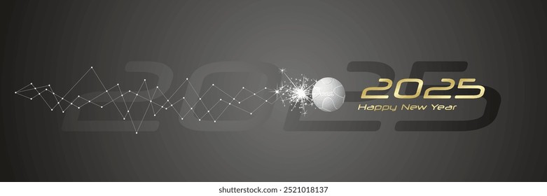 Happy New Year 2025 the new year of the sports games greeting card. Cyberspace network movement of a sports ball line design black abstract background