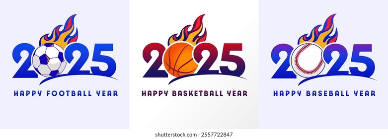 Happy new year 2025 sports logo design template with ball and flame. Vector concept with football, basketball and baseball logos 2025 for competition calendar or tournament poster