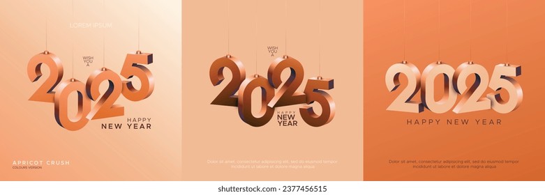 Happy new year 2025 square template with 3D hanging number in apricot crush colours. Greeting concept for 2025 new year celebration