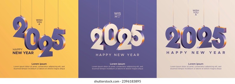 Happy new year 2025 square template with 3D hanging number. Greeting concept for 2025 new year celebration