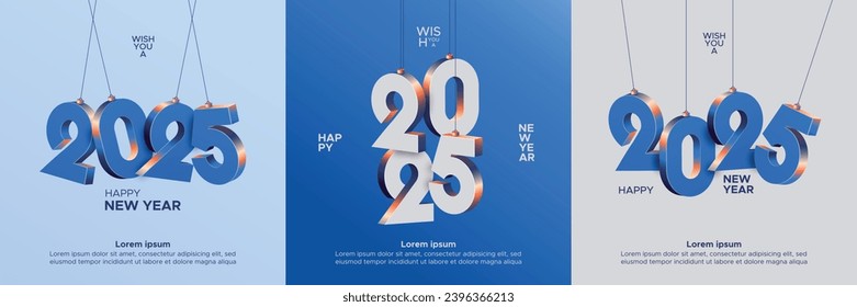 Happy new year 2025 square template with 3D blue hanging number. Greeting concept for 2025 new year celebration