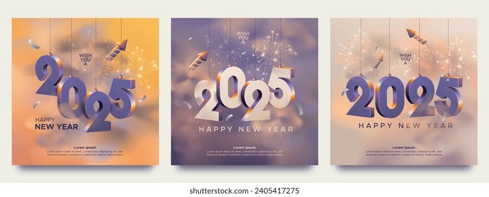 Happy new year 2025 square template with 3D hanging number. Greeting concept for 2025 new year celebration