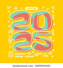 Happy new year 2025 square template with line number style on yellow background