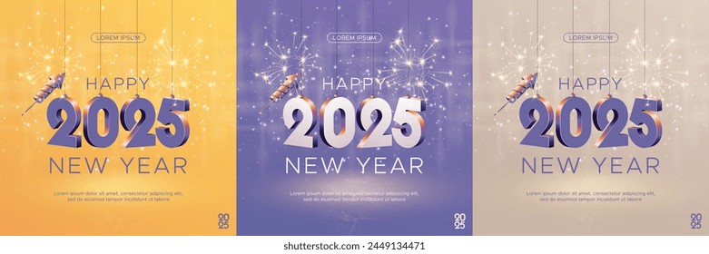 Happy new year 2025 square template with 3D hanging number. Greeting concept for 2025 new year celebration