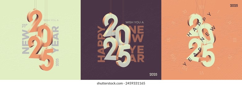 Happy new year 2025 square designs template concept with unique 3D hanging number on modern text and texture background