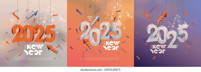 Happy new year 2025 square template with 3D hanging number. Greeting concept for 2025 new year celebration. 2025 new year 3D concept
