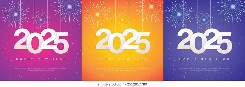 Feliz año Nuevo 2025 Plantilla cuadrada con tema colorido y número colgante para publicación en redes sociales