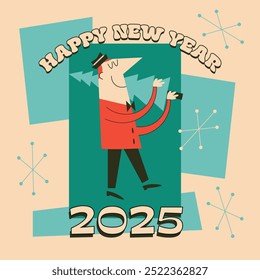 Happy new year 2025 square banner with mid-century modern cartoon character carrying a pine tree. Vector illustration