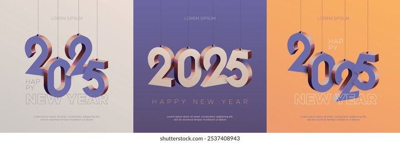 Happy new year 2025 square template with 3D hanging number. Greeting concept for 2025 new year celebration