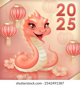 Happy New Year 2025 square greeting card with 3d charming pink cartoon snake with bright eyes, symbolizing the 2025 Lunar Year of the Snake, surrounded by festive Chinese lanterns and plum blossoms