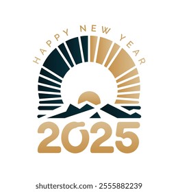 Happy New Year 2025 Sunrise Design with Mountains and Golden Sunburst Vector Illustration