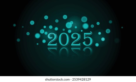 Happy New Year 2025 teal bokeh background effect. teal black background. shadow effect text. new year concept. lighting effect. unique, minimal, glowing